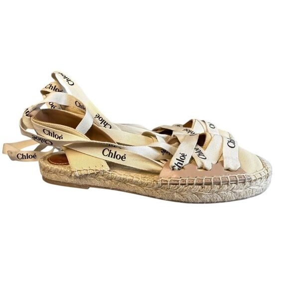 Chloe Beige/White Leather Canvas Espadrille Ankle Wrap Ingrid Flats sz 37/6.5 - Picture 9 of 13